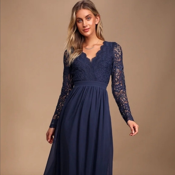 Awaken My Love Navy Blue Long Sleeve Lace Maxi Dress - Picture 3 of 7